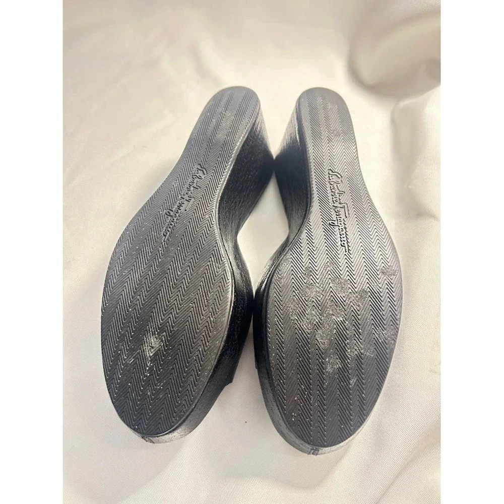 Salvatore Ferragamo Agostina Black Pebble Calf Leather Wedge Sandals 9B Italy